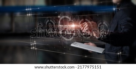 Businessman on virtual computer screen working with p2p transfers.