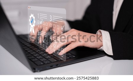 Businessman online certificate e-learning technology document marketing evaluation concept cyberspace feedback quality control digital assessment assurance check electronic form information management