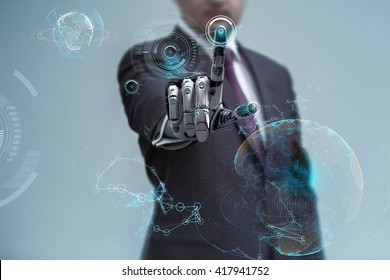 businessman operating virtual hud interface and manipulating elements with robotic hand. Blue holographic screen artificial design concept. - Shutterstock ID 417941752
