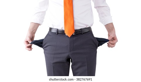 Businessman With An Orange Tie Turning His Empty Pockets Inside Out. Front View, No Head. Isolated. Concept Of Bankruptcy.