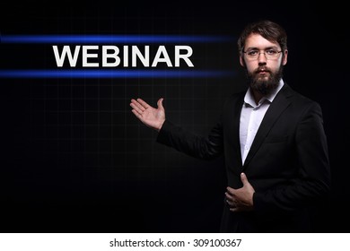 Businessman Over Black Background Presenting Webinar.