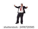 Businessman with overweigh body, wearing formal clothes, black suit, white shirt and sunglasses dancing isolated on white background. Concept of business, leisure, achievement