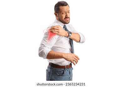 Businessman with pain in the shoulder, red inflamed zone indicated isolated on white background - Shutterstock ID 2365234231