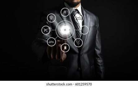 Businessman Partner Touching And Tech Icon Of Media Screen. Close Up Hand.  Technology Concept.

