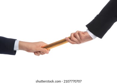 Businessman passing relay baton to colleague isolated on white, closeup