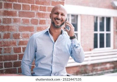 Businessman, phone call and rooftop portrait for talking, lawyer and discuss legal justice. Male person, conversation and terrace for consulting advocate, speaking and attorney to contact client - Powered by Shutterstock