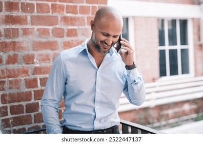 Businessman, phone call and rooftop for talking, professional lawyer and discuss legal justice. Male person, conversation and terrace for consulting advocate, speaking and attorney to contact client - Powered by Shutterstock