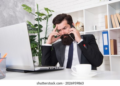 Businessman Phone Conversation. Mobile Call Negotiations. Logistics Department. Crisis Solution. Crisis Management. Crisis Concept. Communicating With Clients. Arrange Supply Materials And Goods