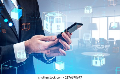 Businessman with phone in hands, conference room on background. Digital hologram of information fields and data protection. Concept of privacy