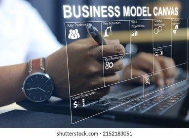 Businessman planning a business plan with business model canvas through a laptop on the desktop for project presentation and budgeting from high net worth investors value proposition cost and revenue. - Shutterstock ID 2152183051