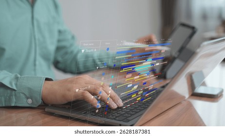 Businessman planning strategy on digital interface with colorful data flow – Concept of project planning, business roadmap, and performance management.