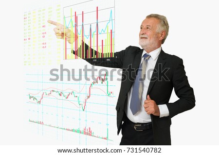 BusinessMan point his hand to Digital Stock Market information board including buy, sell, bid, offer, volume, Bargraph, Linegraph and Candlestick Graph as Modern Business Technology Concept.