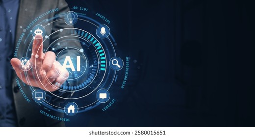Businessman pointing at AI interface with glowing icons, digital circles, and binary code on a dark background. Concept of intelligent technology - Powered by Shutterstock - Get 15% off with code: PIKWIZARD15
