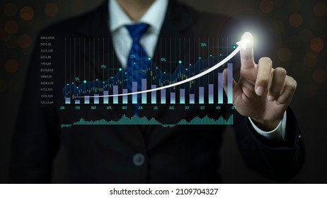 Businessman Pointing Arrow Graph Corporate Future Growth Plan, Business Growth, Progress Or Success Concept. 