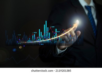 Businessman Pointing Arrow Graph Corporate Future Growth Plan, Business Growth, Progress Or Success Concept. 