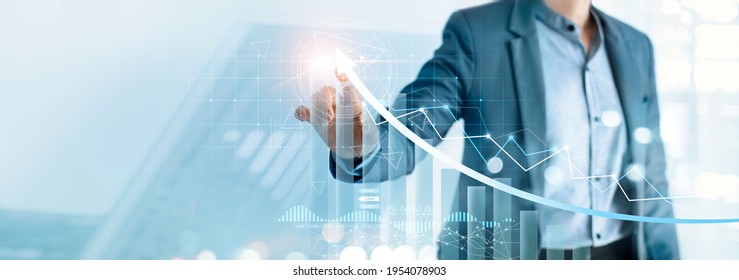 Businessman pointing arrow graph growth and financial network connection, analysing data to increase sales and revenue profit to achieve business investment goal in global economic situation. - Shutterstock ID 1954078903