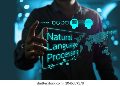 Businessman pointing arrows to control and communicate with natural language processing or NLP and global data communication process with a world map icon.