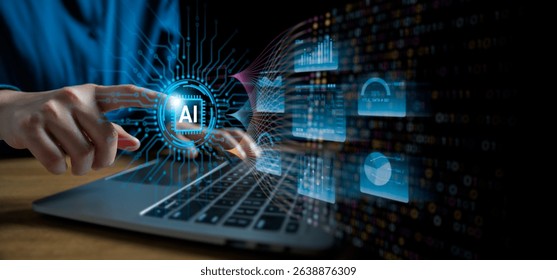Businessman pointing to Artificial intelligence technology and data analytics visualization, business intelligence dashboard, futuristic UI, machine learning, and big data processing concept