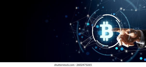 Businessman pointing at Bitcoin symbol with digital network connections on dark background. Concept of cryptocurrency, blockchain, and finance