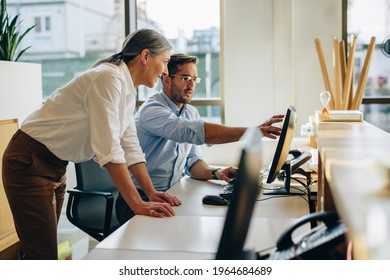 Businessman pointing at computer screen while manager standing by at desk. Businessman helping partner with details on computer.
