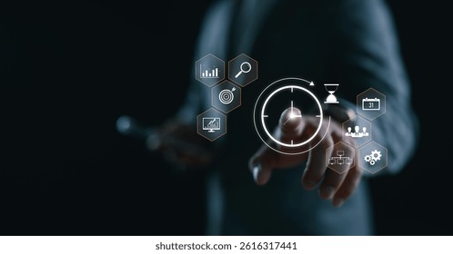 Businessman pointing at a digital clock icon surrounded by productivity and planning symbols, representing time management, task scheduling, business efficiency, and smart organization.