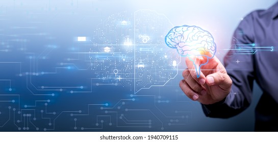 Businessman Pointing At Digital Human Brain As Innovation Technology. Panoramic Banner Of Business Strategy Idea And Smart Vision