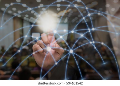 Businessman pointing with digital network line and circles on Abstract blurred photo of conference hall or meeting room with attendee background, business technology concept - Powered by Shutterstock