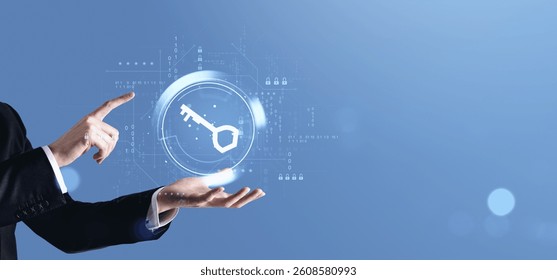 Businessman pointing at floating digital key icon with data and locks, futuristic tech style on blue background, concept of cybersecurity access