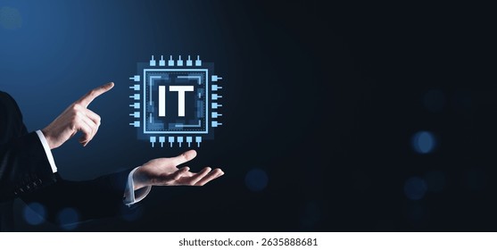 Businessman pointing at glowing IT chip graphic, modern digital style, with dark gradient tech background, symbolizing innovation and technology