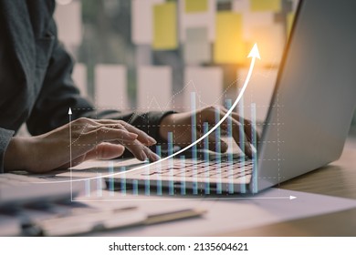 Businessman Pointing To The Graph Line Future Growth Plans To Connect The Financial Network Analyze Data To Increase Sales And Revenue Profits To Achieve Global Economic Business Investment Goals.