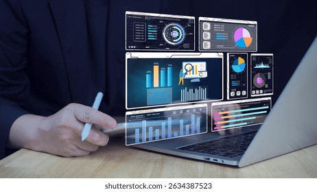 Businessman is pointing to a graph showing investment graphs, analyzing financial data. Analytics dashboard screen with data graphs, featuring a UI graphic panel with statistical infographics