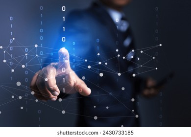 businessman pointing on binary code rising above represent to communication and data transfer with digital and high technology