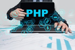 Businessman Is Pointing On Virtual Screen And Selecting PHP.