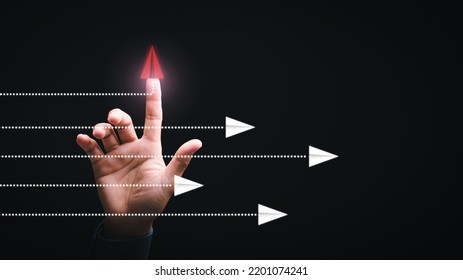 Businessman Pointing To Red Icon,creativity And Solving New Problems Different, Business For Innovative Solution Ideas, Decision Making And Dare To Change For The Better.