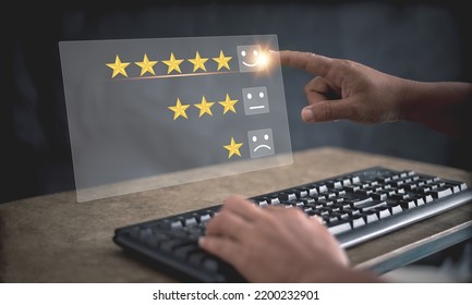 Businessman Pointing A Smiley Face Icon To Assess Satisfaction With Product And Services On A Virtual Screen, Highest Level, Positive Feedback, Customer Satisfaction And Service Quality Survey.