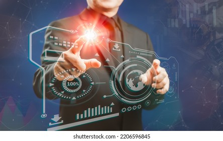 Businessman Pointing To Start A Modern Computer Virtual Screen Dashboard, New Technology And Business Process Strategy, Automate Operation, Customer Service Management, Cloud Computing, Smart Industry