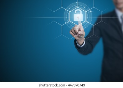 Businessman Pointing Or Touching The Key Icon Symbol, Unlock Business.