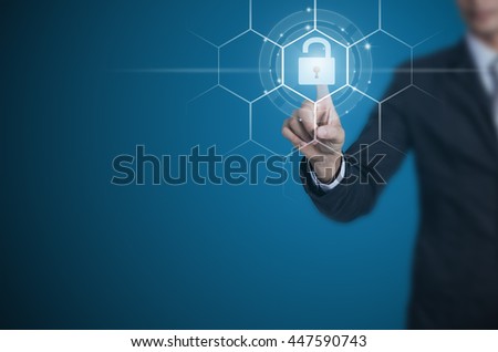 Businessman pointing or touching the key icon symbol, Unlock business.