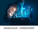 Businessman points a graph depicting the growth of business, data analysis in shaping a thriving global enterprise of blockchain technology and strategic planning in the modern business