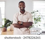 Businessman, portrait and confidence in office with pride for startup, company and career as black man. Entrepreneur, happy and crossed arms with mindset for creative agency, growth and ambition