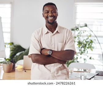 Businessman, portrait and confidence in office with pride for startup, company and career as black man. Entrepreneur, happy and crossed arms with mindset for creative agency, growth and ambition - Powered by Shutterstock