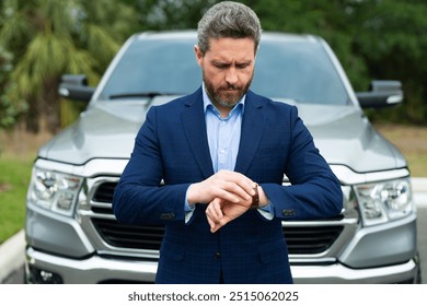 Businessman portrait near suv car. Business car. Businessman on time or late. Businessman meeting. Business meeting outdoor. Business concept. Punctual businessman checking time. Business deadline. - Powered by Shutterstock