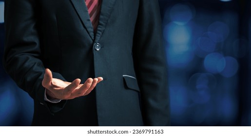 Businessman present hand on air for insert virtual network financial investment global growth on hand. Virtual hologram of a stock market network connection node. Technology data analysis for business