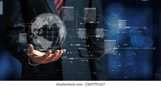 Businessman present virtual network financial investment global growth on hand. Virtual hologram of a stock market network connection node. Technology and data analysis for business