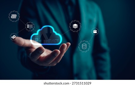 Businessman presenting AI cloud computing with data storage icons, symbolizing digital transformation, secure cloud technology, data management, automation, innovation, future business infrastructure.