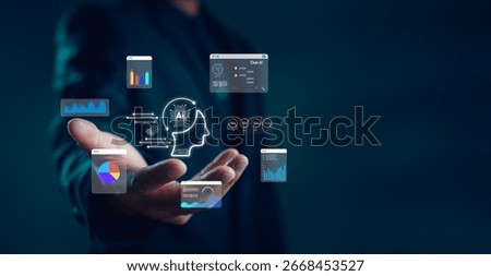 Businessman presenting AI interface with data dashboard, analytics graphs, and charts. Concept of artificial intelligence, machine learning, data visualization and business intelligence system.