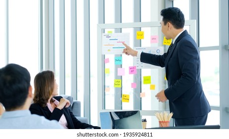 Businessman presenting business plan information to team at office meeting, Asian leader man explaning business chart for teamwork, business people, success in business concept - Shutterstock ID 1935924811
