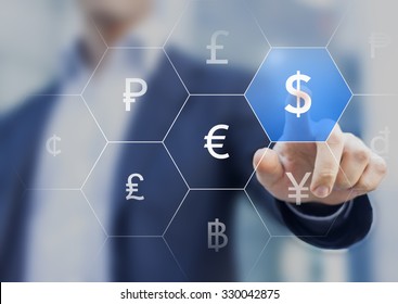 Businessman presenting currencies on virtual screen and touching dollar sign - Powered by Shutterstock
