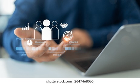 Businessman presenting digital interface of project timeline and human collaboration icons, representing planning, teamwork, project development, and research process.