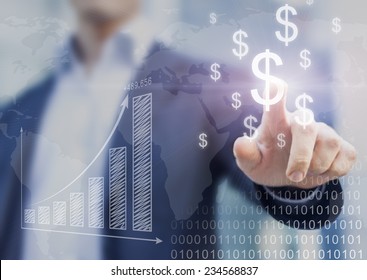 Businessman presenting financial analysis with charts generated by big data displaying international success and dollar signs